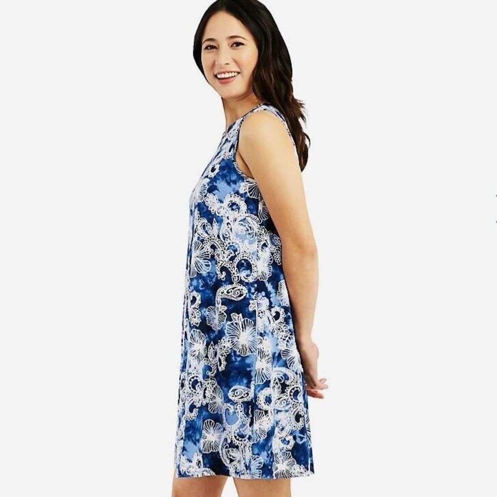 AB Studio NWT Blue Floral Paisley Sleeveless Tie Dye Swing Dress Coverup Size M